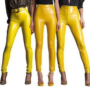Leggings de Cintura Alta de Piel Sintética PU Transpirables y Antibacterianos para Mujer, Color Amarillo Brillante, Ropa Exterior, 180g - Product Image 1