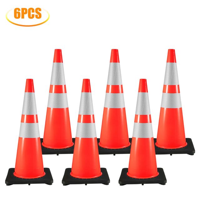 6Pack 36\" Traffic Safety Cones Black Weighted Base PVC Orange Hazard Cones Reflective Material Road Parking Traffic Warning