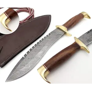 Custom Handmade Damascus Steel Bowie Knife Beautiful Pattern Rose wood handle with brass and guard Leather Sheath included