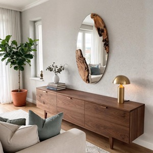 Miroir mural en bois d'inspiration zen, design apaisant, miroir mural en bois pour la décoration de spa et de bien-être, miroir suspendu en gros - Product Image 1
