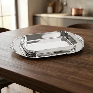 Bol à chocolat rectangulaire élégant en argent, accompagné d'un plateau assorti, doté de poignées latérales décoratives élégantes pour le service - Product Image 4
