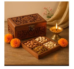 Boîte de rangement en bois à 4 compartiments de qualité alimentaire pour collations, noix, épices, avec cuillère, durable, pour cuisine, rangement de masala, compatible four, pour la maison - Product Image 3