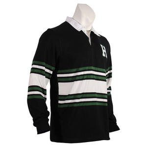 Men's Long Sleeve Rugby Shirt Black Green White Striped Embroidered H Logo Turn-<b>Down</b> Collar Full Sleeve Regular Fit - Product Image 2