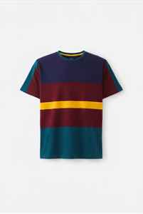 T-shirt Elite Horizon à rayures multiples – Coton épais de qualité supérieure, empiècements color-block audacieux en bordeaux, bleu marine et vert sarcelle - Product Image 3