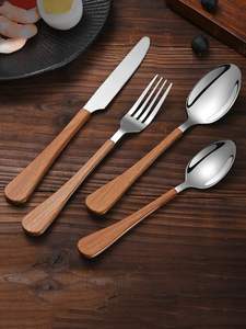 Couverts de restaurant en acier inoxydable avec manche en bois : cuillère, fourchette, couteau, vaisselle - Product Image 2