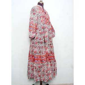 Vestidos de verano largos de algodón para mujer, estilo dulce, sencillo y casual, con estampado floral, corte A, maxi, ajustados, transpirables y suaves. - Product Image 5