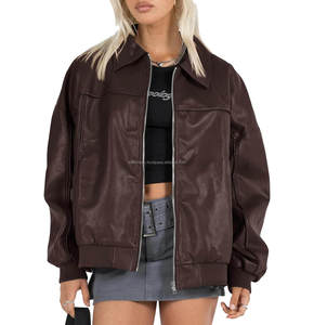 Marron décontracté surdimensionné femmes en cuir Bomber veste automne mode Zip à la mode grande taille vêtements d'extérieur d'hiver respirant Viscose doublure - Product Image 1