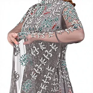 Luxury High Neck Charcoal Grey Evening Gown with Long <b>Bell</b> <b>Sleeves</b> - Elegant Multicolor Floral Beaded Net Maxi <b>Dress</b> for Women - Product Image 6