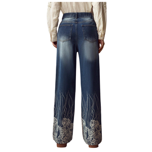 Jeans de mezclilla bordados de cintura alta y pierna recta para mujer, ajuste holgado, longitud completa, de secado rápido, transpirables, de elastano/poliéster, lavado enzimático - Product Image 2