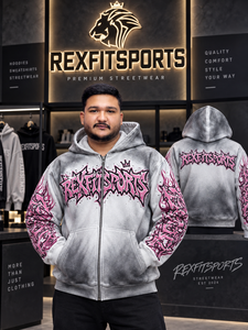 REXFITSPORTS 2026 Sweat à capuche gris personnalisé entièrement zippé, motif graffiti, streetwear, en molleton, imprimé rose, vente en gros - Product Image 6