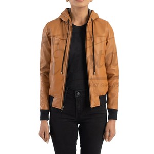 Women Tan Real <b>Leather</b> Hooded Bomber <b>Jacket</b> Black Ribbed Trim Slim Fit Premium Sheepskin Casual Winter Outerwear Fashionable - Product Image 1