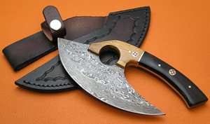 Handmade Damascus Steel Blade Horn & Olive Wood Handle Professional Ulu Pizza Cutter Kitchen Knives <b>Axe</b> - Product Image 3