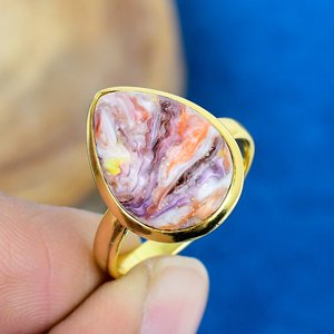 Handmade Natural Pink Oyster Pear Shape Gemstone Ring 18k Gold Micron 925 Sterling Silver - Product Image 1
