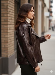 Brown Crocodile Embossed <b>Leather</b> <b>Jacket</b>, Oversized <b>Retro</b> Streetwear Coat - Product Image 3