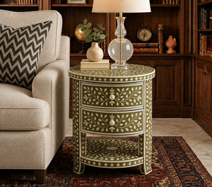 Trendy Floral Resin Bone Inlay Nightstand With Drawers & Shelf Cabinet <b>Bedside</b> End <b>Table</b> For Bedroom Hotel Premium Home Decor - Product Image 1
