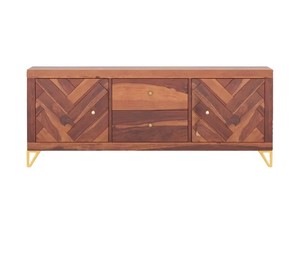 Modern Chevron Pattern Solid Wood <b>TV</b> Unit with Gold Metal Legs | Herringbone Media Console | Jodhpur Export - Product Image 5