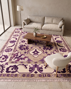 Tapis Oushak Violet Ivoire à Motifs Floraux Prune et Bordure Vigne Botanique, 100% Laine de Nouvelle-Zélande, Lavable, Design Moderne pour - Product Image 3