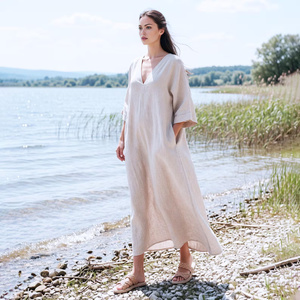 100% Cotton <b>Bow</b> Plain Dyed A-Line Midi Dress Women V-Neck Bell Sleeve Loose High Waist Breathable Pockets Vintage Daily Wear - Product Image 1