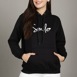 Fabricant sur mesure OEM ODM Sweat-shirt à capuche noir pour femme avec imprimé sourire, manches longues, en coton tricoté, décontracté, pour l'automne - Product Image 3