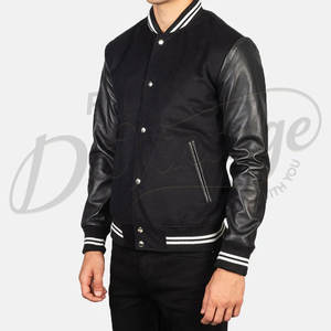 Chaqueta Bomber Varsity de Gamuza Negra para Hombre con Mangas de Cuero Genuino, Puños Acanalados a Rayas, Estilo Clásico Letterman de Béisbol - Product Image 5