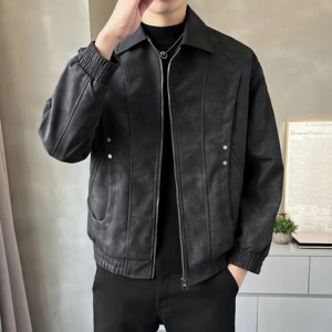 Chaqueta de Cuero para Hombre, Estilo Retro Casual, Color Sólido, Cuello Camisero, Holgada, Tendencia Urbana para Otoño - Product Image 4