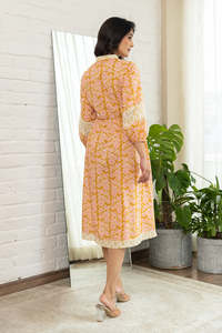 Floral Print Cotton Midi <b>Dress</b> With <b>Ruffle</b> Sleeves A-Line Casual Daily Wear Breathable Woven Fabric Jewel Neck Natural Waist - Product Image 3