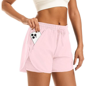 Shorts de sport rose clair pour femmes, design 2 en 1 superposé, en polyester, avec poche pour téléphone, respirants, pour l'entraînement - Product Image 1