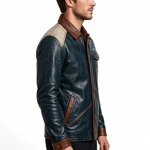 Amkoor Men's Genuine Leather Motorcycle <b>Jacket</b> <b>Slim</b> <b>Fit</b> Turn-Down Collar Zipper Closure Solid Color Autumn Biker <b>Jacket</b> - Product Image 3