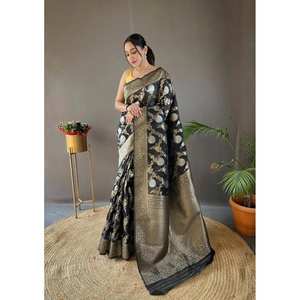 FANCY BANARASI SEDA ORO ZARI TEJIDO TRABAJO SAREE CON BLUSA DESCOSADA NEGRO - Product Image 1