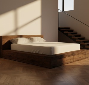Lit plateforme moderne Linz en teck massif avec tiroirs intégrés spacieux, durable et écologique pour une chambre chaleureuse - Product Image 1