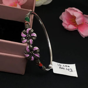 925 Sterling <b>Silver</b> Zircon Floral <b>Bangle</b> with Pink Enamel Flowers Meenakari Art Work Traditional <b>Silver</b> Kada <b>Bracelet</b> 25g Women - Product Image 2