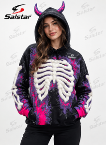 Sweat à capuche OEM de qualité supérieure, motif squelette sublimé, impression intégrale 3D, en polyester, pour streetwear, noir, mode, fête d'Halloween - Product Image 3