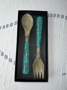 Premium Quality Handmade Horn and Resin Handle Flatware Salad Server Spoon <b>Fork</b> Set for Parties - Product Image 2