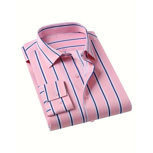Camisa informal a rayas rosas para hombre, camisa de manga larga con botones y cuello vuelto, ropa de trabajo de oficina, camisa de moda para hombre - Product Image 2