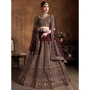 Charmant sequins marron en soie brute réception porter Lehenga Choli - Product Image 1