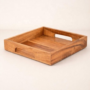 Bandeja de almacenamiento cuadrada de madera hecha a mano con bordes elevados, asas recortadas para fácil transporte, para cocina, comedor, mesa de café, decoración del hogar - Product Image 1