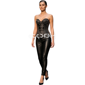 Corset gothique noir en cuir premium avec armatures en acier, décorations cloutées style heavy metal et accents latéraux en anneaux en O - Product Image 1