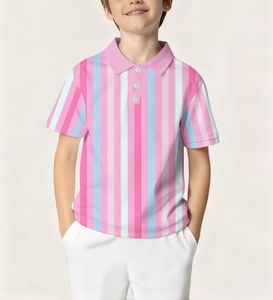 Pink Blue White Striped Short Sleeve Polo Shirt for Boys Casual Woven Collar Design Polyester/Cotton Jersey Breathable - Product Image 6