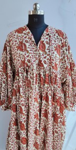 Ethnic <b>Brown</b> Floral Hand Print Cotton Midi Dress With <b>Tie</b> Neck Short Puff Sleeve Loose Fit Casual Dress For Women - Product Image 5