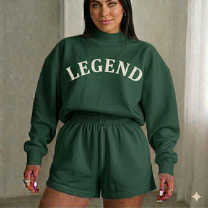 Ensemble haut et short oversize à col montant pour femme, ensemble décontracté en tissu extensible doux, tenue décontractée - Product Image 1