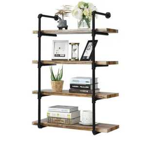 Industrial Metal <b>Pipe</b> Wall <b>Shelf</b> 4 Tier Wood Storage Ledge Hanging Storage Rack Living Room Wall Mounted Bookshelf Organizer - Product Image 2