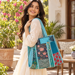 Sac fourre-tout en coton matelassé patchwork floral turquoise bohème pour femme, bleu-vert, sac à bandoulière, sac de shopping tendance, vente en gros - Product Image 1