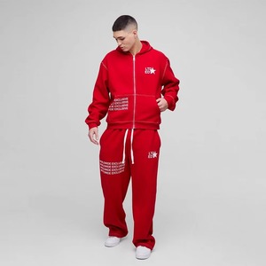Conjunto Deportivo Unisex Rojo con Capucha, Cierre Frontal Completo, Estampado de Letras, Algodón Transpirable, Corte Holgado, Estilo Urbano, Invierno - Product Image 4