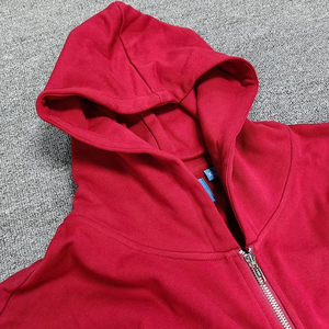 Survêtement à capuche rouge, manches longues, fermeture éclair sur le devant, couleur unie, vêtement décontracté, 100% coton, respirant, poids moyen, style automne pour adulte - Product Image 4