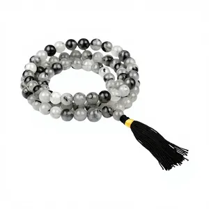 Collier Mala 108 Perles en Quartz Rutile Noir Naturel, Perles de Prière Rondes de 8mm en Pierre Gemme, Méditation Yoga, Pompon, Certifié, Vente en Gros - Product Image 1