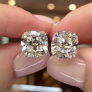 925 Moissanite Glittering Crushed Ice Cushion Cut Stud <b>Earrings</b> For Women in White Yellow & Rose Gold Plated for Wholesale - Product Image 6