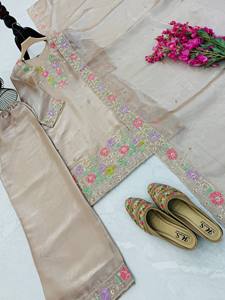 Ensemble Salwar Kameez Choli traditionnel indien brodé de fleurs beiges, vêtements ethniques pour femmes, tenue cousue en 3 pièces pour mariage XXL - Product Image 4