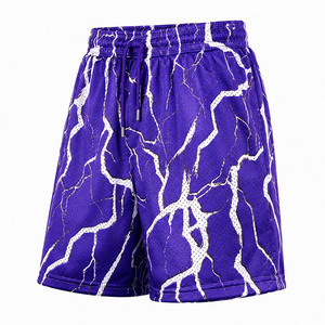 Pantalones cortos de baloncesto de malla para hombre, pantalones cortos deportivos con estampado de rayos morados y cintura elástica, ropa informal para calle, pantalones cortos de gimnasio para entrenamiento - Product Image 2