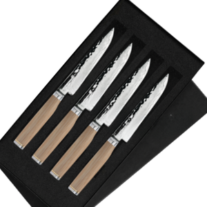 Ensemble de 4 couteaux à steak en acier martelé, lames tranchantes avec manches en bois blond, coffret cadeau pour la découpe de viande de bœuf à la table - Product Image 5
