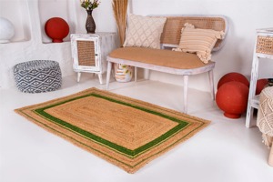 Tapis artisanal en jute bio, rectangulaire, vert rayé, style farmhouse, à poils plats, écologique, pour salon - Product Image 4